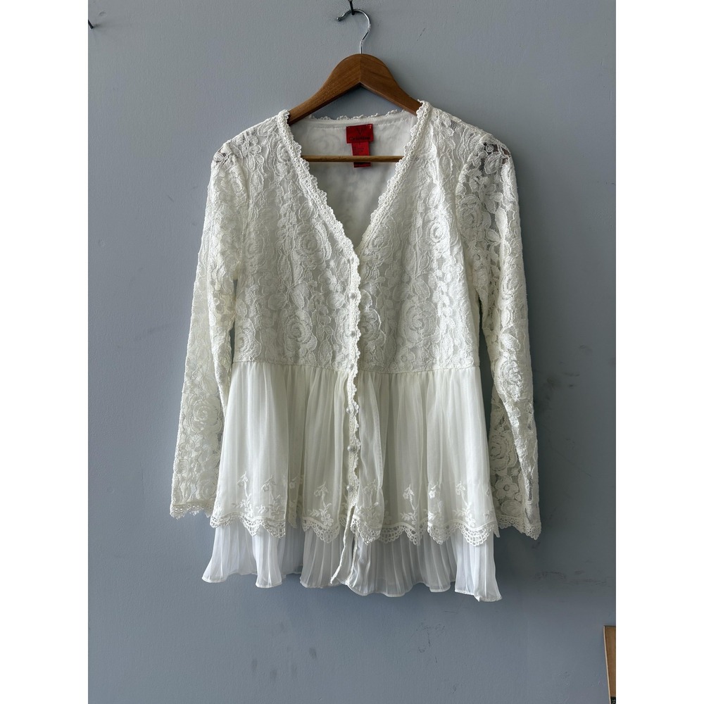 V Cristina Tunic Womens Small White Lace Sheer Button Front Long Sleeve Boho